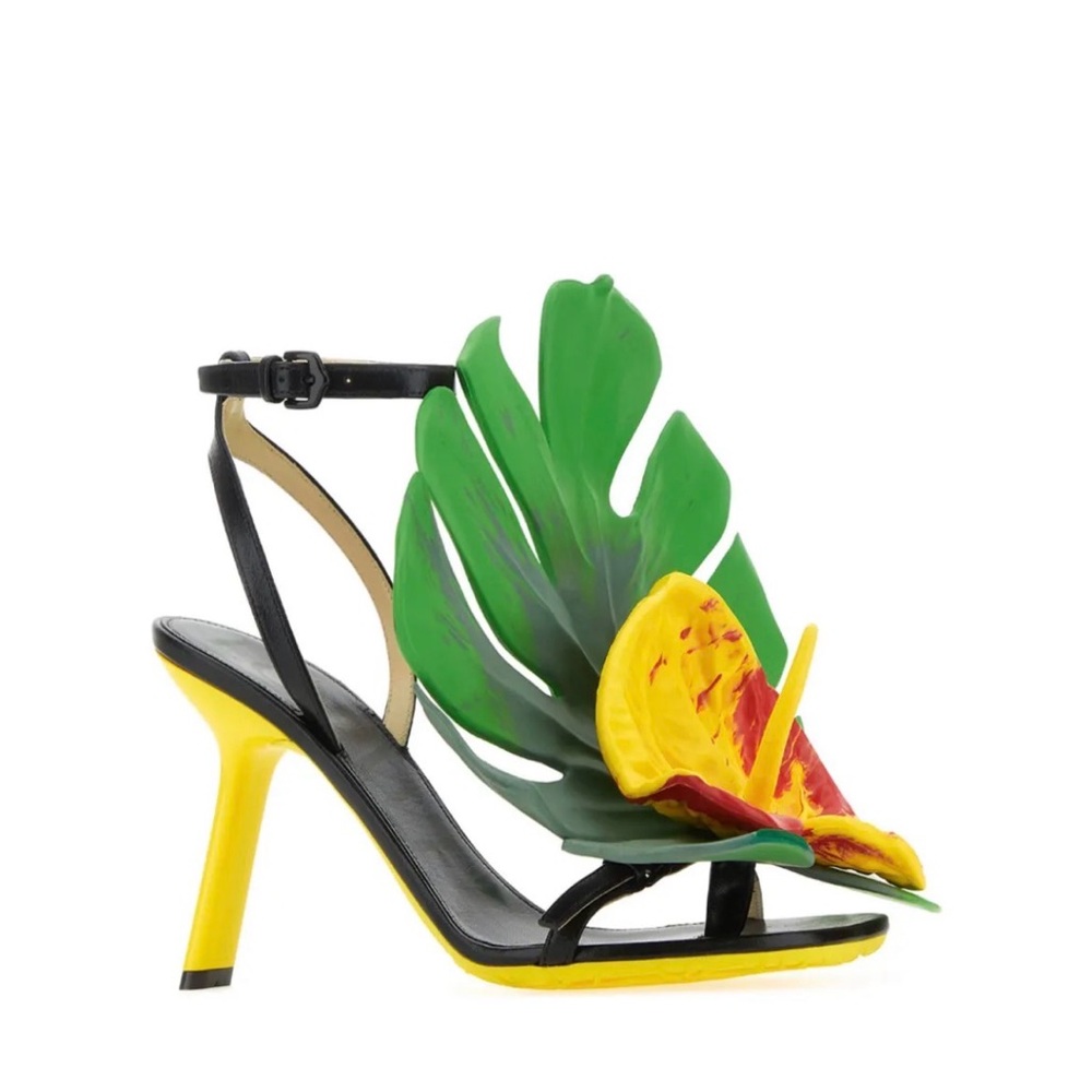 Loewe Black and Green Heels with Floral Design worn minor wear on the inside